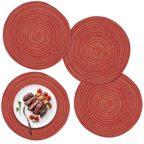 ZYDYRX 4 Stück Tischsets Rund Abwaschbar 30 cm Platzsets Geflochten Hitzebeständig Tischsets Boho Platzset Baumwolle Platzdeckchen Abwaschbar für Speisetisch Küche Hochzeitsfeier Hotel Rot