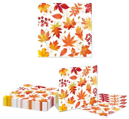 Kotkiddy 48 Stück Herbst Thanksgiving Papierservietten Ahornblätter Einweg Mittagstisch Servietten Herbst Feiertag Dinner Hand Servietten