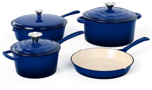 MAISON ARTS Enamel Cast Iron 7 Piece Cookware Set, Dutch Oven Pot with Lid, Blue Non Stick Pots and Pans set, Oven Safe up to 500°F