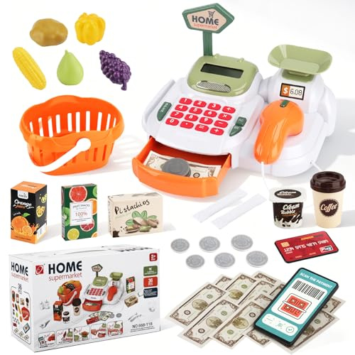 TAVADA Spielkasse Kinder mit Scanner und Sound,Kaufladen Zubehör Kinderkasse Spielzeug, Spiel Supermarkt Rollenspiel,Geschenk für Mädchen Jungen ab 3 Jahren