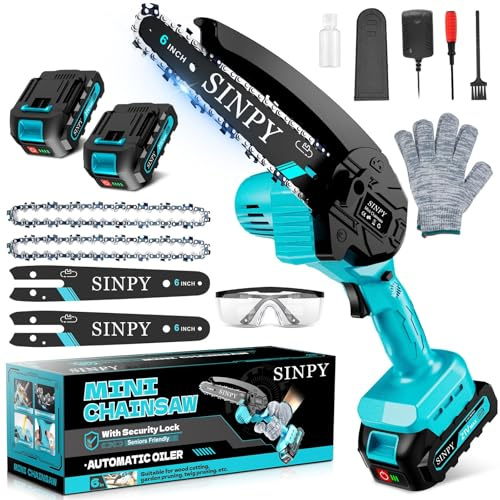 Mini Chainsaw Cordless 6 Inch with 2 Batteries Electric Chainsaws Small Handheld Chain Saws for Trees Branches Trimming, Wood Cutting, Gardening Gift for Men Dad Husband Fathers