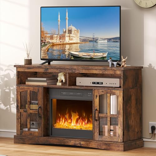 YITAHOME mobile tv con camino elettrico da terra, camino finto elettrico per soggiorno con fiamma regolabile, protezione contro il surriscaldamento, riscaldatore e telecomando (marrone rustico)