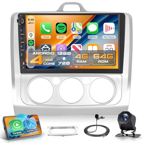 4G+64G Android Autoradio für Ford Focus Mk2 Mk3 Exi MT 2 3 2004-2011 Wireless Carplay Android Auto, 9 Zoll Incell Bildschirm Autoradio mit GPS Navi WiFi Mirror Link Bluetooth FM/RDS/SWC Rückfahrkamera