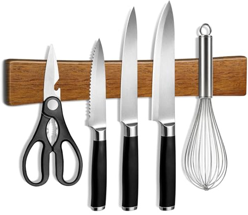 Magnetic Knife Holder for Wall, 16 inch(40cm) Wooden Knife Magnet Strip Rack with Multiple Mount Methods for Refrigerator, Magnetic Tool Holder with Self Adhesive for Kitchen Storage & Organisation