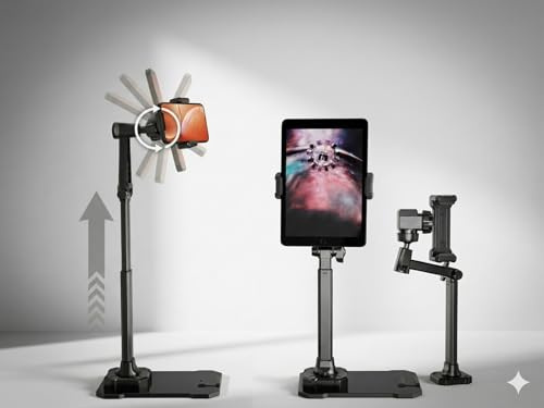 VerkGroup Support Réglable pour Smartphone et Tablette, Rotation 360°, Hauteur Réglable 34-25,5 cm, Noir, Acier