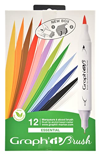 Graph'it - Set de 12 Marqueurs à Alcool Double Pointe : Extra-fine et Pinceau - Dessin de Manga et Illustration - Professionnel et Débutant - Série Essential