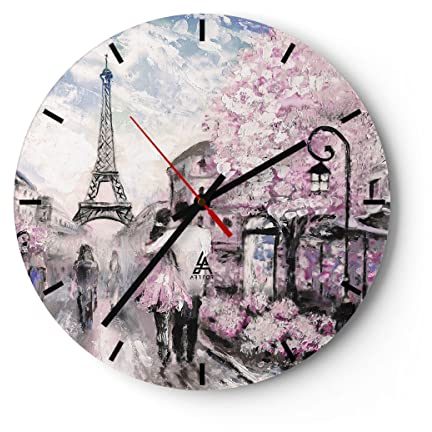 Modern Wanduhr Paris Weg Illustration Eiffle 40x40cm Rund Groß Wand Uhr Glas Analog Zimmeruhren Küche Büro Wohnzimmer Glasuhr Wall Clock Dekoration Design Wanddekoration Küchenuhr C3AR40x40-3149
