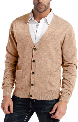 Kallspin Men’s Wool Blend Cardigan Sweater V Neck Button Front Knitwear Long Sleeve Smart Casual Jumper(Coffee, X-Large)