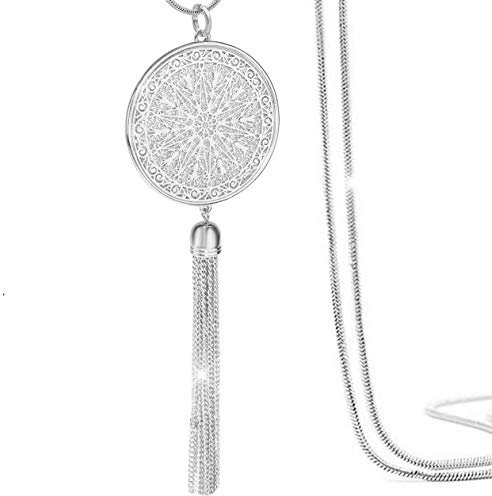 Gleamart Long Colliers Disque Cercle Pendentif Tassel Fringe Déclaration Collier pour Les Femmes Argent