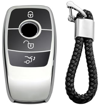 M.JVisun Soft TPU Case Cover Protector Car Remote Key Fob Case For Mercedes-Benz 2019-2022 A Class C Class G Class 2017-2022 E Class 2018-2021 S Class Fob Remote Key - Glossy Silver - Braided Keychain