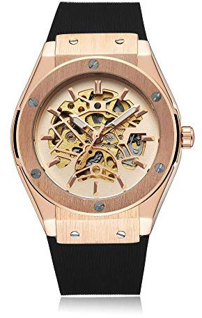 Montres Hommes,Montre Automatique À Fond Ouvert Creux avec Bracelet en Silicone, Cadran en Or Rose