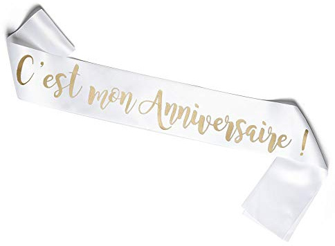 OLILLY - Écharpe C'est mon Anniversaire – Blanche Satinée avec Inscription Dorée – Accessoire Festif – Idée Cadeau Originale (C'est mon anniversaire)