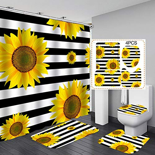 Duschvorhang-Set mit Sonnenblumen-Motiv, rutschfeste Teppiche, WC-Deckelbezug und Badematte, rustikale gelbe Sonnenblumen, schwarz und weiß gestreifte Badezimmervorhang, Haken, 183 x 183 cm