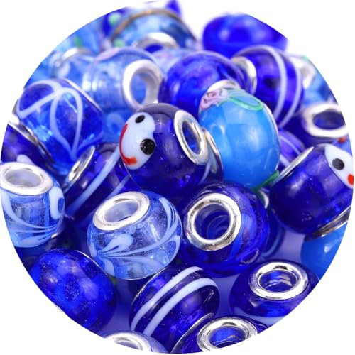 AIPRIDY Murano-Glasperlen mit großem Loch, 10 x 15 mm, silberfarbene Messingkerne, Perlen im europäischen Stil für DIY-Schmuckherstellung (50, Saphir)