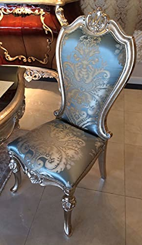 Casa Padrino Luxus Barock Esszimmerstuhl Hellblau/Beige/Silber - Prunkvoller Massivholz Küchenstuhl mit elegantem Muster - Barock Esszimmer Möbel