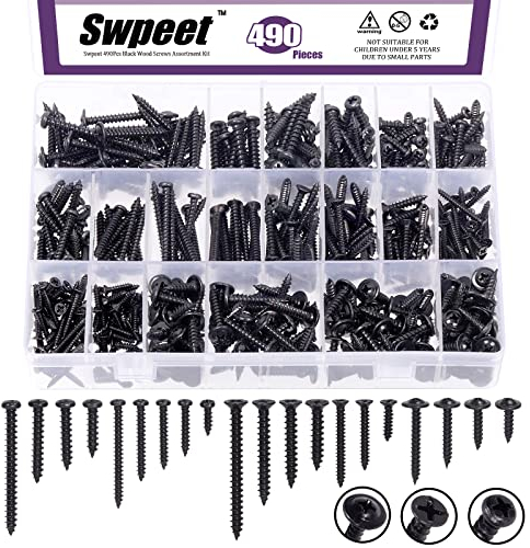 Swpeet 490Pcs #4# 6# 8 Zinc Plated Steel Wood Screws Assortment Kit, Self Drilling Screws Drywall Scews Wood Screws, Flat Head Phillips Screws, Assorted Wood Screws