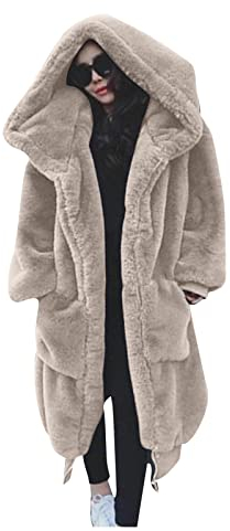 L9WEI Kunstpelz Mantel Lang Damen Oversized Kunstfell Mantel mit Kapuze Elegant Faux Pelz Mäntel Pelzmantel Einfarbig Felljacke Warme Plüschmantel Lose Winter Kunstfell Mantel