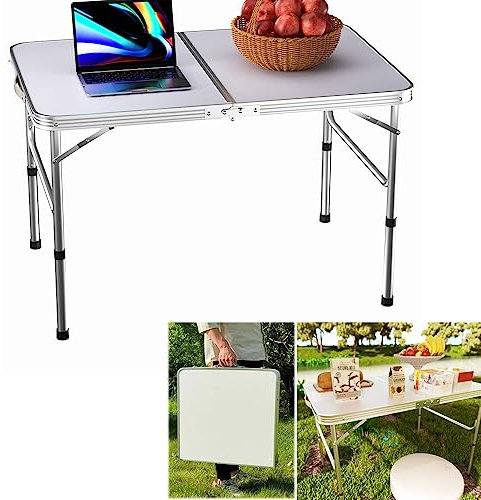 Qimu 3ft Aluminium Folding Table Picnic Table Foldable Portable Folding Camping Table Adjustable Height Compact Trestle Table with Carrying Handle for Picnic Party BBQ Indoor Outdoor Garden Cooking