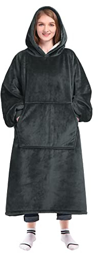 Waitu Tragbare Decke, Sweatshirt, Geschenke für Damen und Herren, Sherpa-tragbare Decke, Erwachsene, übergroße Decke, Kapuzenpullover, dicke Sherpa-Decke, warme Körperdecke, Bademantel, Dunkelgrau