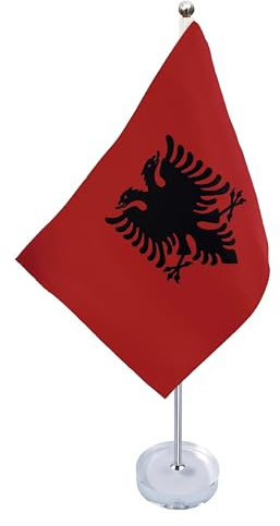 FlagScout - Tischflagge Albanien | hochwertiger Kristallglas-Stand und Flagge aus feinem Satingewebe 14 x 21 cm