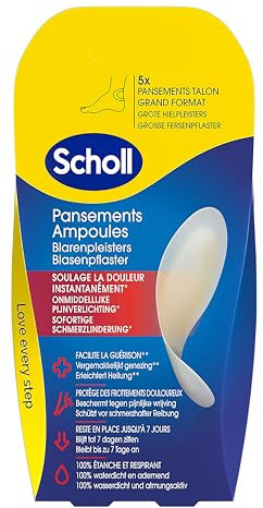 Scholl Pansements Ampoules Talon - Grand format - Soulage Immédiatement la Douleur - Cicatrisation Rapide - Restent en Place Jusqu'à 7 Jours - Boîte de 5 pansements