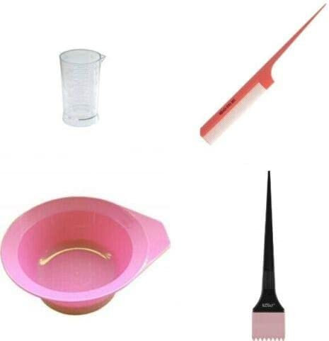 Glamsa PRO HAIRDRESSING SET/KIT PINK TINTING SILICONE BRUSH BOWL PEROXIDE MEASURE JUG COMB - Hair Dye Color Brush and Bowl Set - Perfect Tools for Hair Tint Dying Coloring Applicator with 4pcs