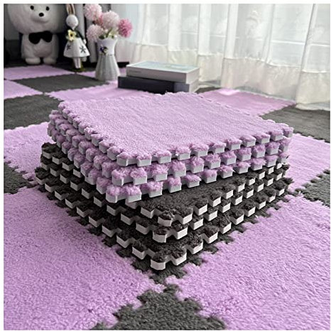 10Pcs Interlocking Foam Mats 10Mm Thick, Fluffy Carpet Tiles Plush Floor Tiles Area Rug, Soft Playmat Puzzle Floor Mat Soft Anti-Slip and Anti-Fall,Light Purple+Grey,30x30cm