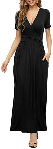 PCEAIIH Women's Maxi Dress Casual Deep V Short Sleeve Floral Ladies Wrap Long Dress with Pockets S Black