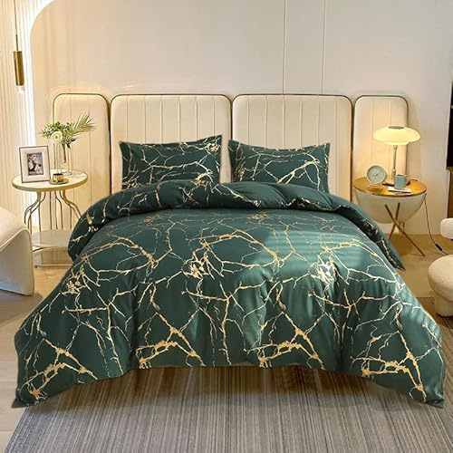 Freyamy Housse de Couette 200x200 Marbre Vert foncé Parure de lit 2 Personne en Microfibre avec Fermeture Éclair Sets de Housse Couette avec 2 Taie d'oreiller 65 x 65 Linge de Lit Imprimé