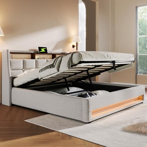 Kayan Polsterbett 180x200cm, Doppelbett mit Stauraum und Lattenrost, LED Kopfteil mit USB Ladefunktion, Stauraumbett Funktionsbetten Rückenlehne Bettgestell, Leinen (Beige, 180x200cm)