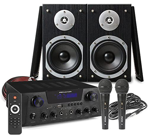 Fenton Home Karaoke Machine Kit with Bluetooth AV430B Amplifier, Bookshelf Speakers & Two Wired Microphones – Complete Adults Karaoke Setup for Home Parties