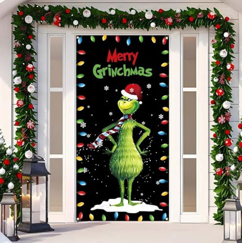 Molinter Weihnachten Türabdeckung Grinch Dekoration Weihnachtsmonster Hintergrund Banner Outdoor-Weihnachtsdekoration für Haustür (E)