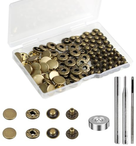 BetterJonny 24 Sets Heavy Duty Leather Snap Fasteners Kit, 12.5mm Metal Snap Buttons Press Studs Leather Rivets Snaps with 4 Setter Tools for Clothes Bracelet Jackets Jeans Antique Brass