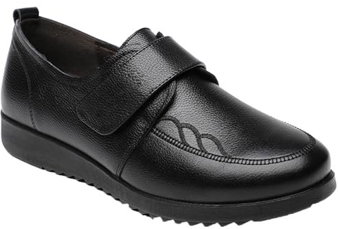 AEHO Chaussure Pied Large Femme en Cuir Chaussures RéGlable Fermeture Scratch Chaussons pour œdème Extra Large Femme Chaussons Diabétiques,Noir,39/245mm
