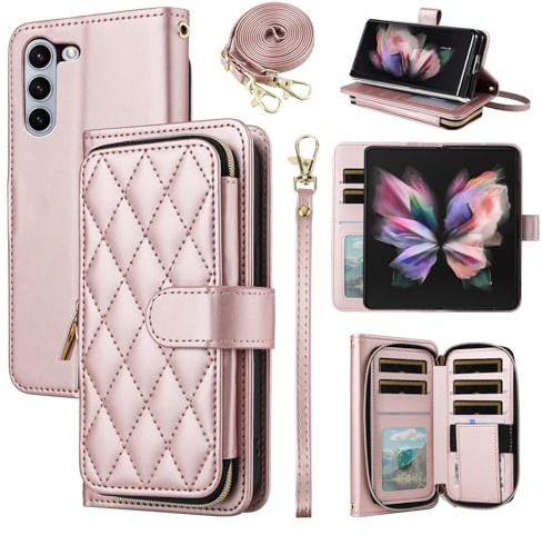 ELISORLI Wallet Case for Samsung Galaxy Z Fold 5 5G 2023 with Wrist Strap,Crossbody Shoulder Strap,9+ Card Slots Zipper Purse,Luxury PU Leather Stand Cell Phone Cover for ZFold5 Z5 G Fold5 5Z Pink