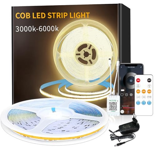 Yeewhale COB LED Strip 3000K Warmweiß,App Steuerung mit Fernbedienung 20M Dimmable 24 V Flexible COB led streifen SetBright Under-Unit Light for Home Party DIY Decoration