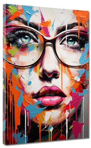 Frauengesicht mit Brille Leinwandbild Wandbild Kunstdruck XL Wanddeko Pop Art Größe 105x140x4cm
