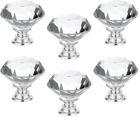 6 Pack 30mm Diamond Shaped Cabinet Knobs Crystal Glass Pull Handles Dresser Cupboards Door Knobs with Mounting Screws Chic Crystal Cabinet Knobs for Home Kitchen Office Wardrobes (Silver Base)