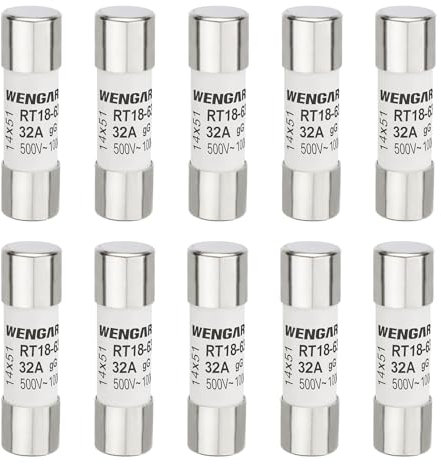 Wengart Fusibili a cilindro AC RT18-63 (RO16), 10 pezzi, AC500V 32A, 14 x 51mm 100 kA, adatti per elettrodomestici, impianti industriali, edifici