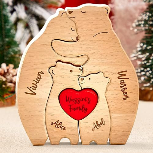 VEELU Personalisiertes Holzkunstpuzzle der Bärenfamilie mit 2-8 Namen| Holz Bär Skulpturen Desktop Ornament Home Tischdekoration, Geschenk für Familie, Muttervatertag Geburtstag