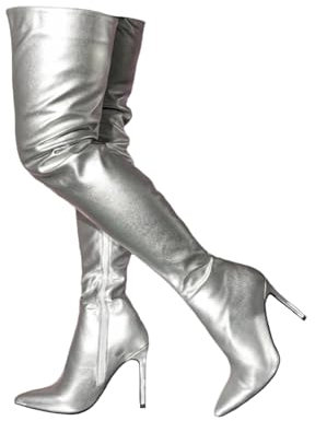 Stivali Alti sopra Il Ginocchio da Donna. Stivali con Tacco Alto Color Argento. Stivali Alti Fino alla Coscia con Stiletto. Stivali per Feste in Costume Cosplay. Stivali Fetish,Argento,38 EU