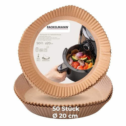 Fackelmann Backpapier für Heißluftfritteuse, rund, 20 cm, öl- und wasserfest, minimiert Reinigung, 50 Stück, hitzebeständig bis 220°C