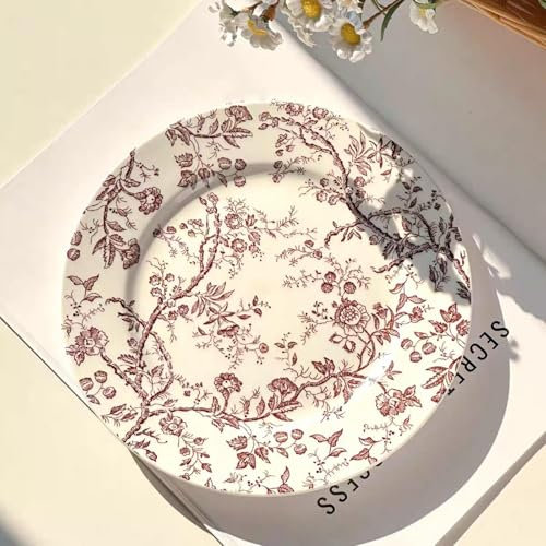 HHFLRAWA Assiette en Céramique Ronde avec Motif Fleurs de Vigne - Porcelaine de 20 cm pour Salade, Dessert et Collations