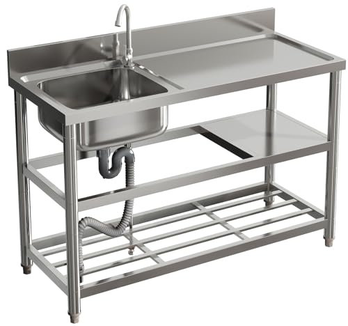 Warmiehomy Commercial Restaurant Sink 3 Tier Free Standing Sinks with Storage Shelf Stainless Steel Single Bowl Kitchen Sink Unit Outdoor Camping Washbasin with Drainer Kit, 120x50x89.5cm