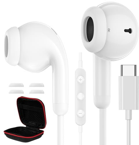 Auriculares Tipo C para iPhone 17 Pro MAX, Air 16 Pro 15 Plus Micrófono y Control de Volumen Noise Cancelling Headphones USB C para Samsung Galaxy S25 S24 A56 A16 para Google Pixel 10 9 8 7 Blanco