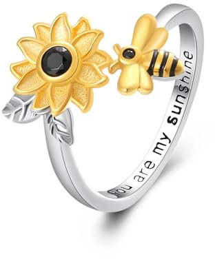 Sonnenblumenring für Damen, 925 Sterling Silber, Sonnenblumen-Bienen-offener Ring, verstellbar, mit Zirkon, Schmuckgeschenk für Damen