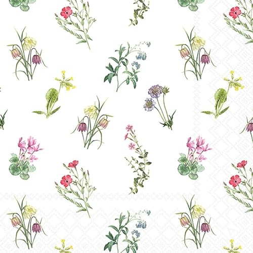 Servietten Papier 33x33cm 3-lagig 20 Stück - hochwertig & nachhaltig - Einweg Papierservietten Wild- & Kräuterblumen Motiv - Gartenparty Lunchservietten Sommerfest florales Tischdeko