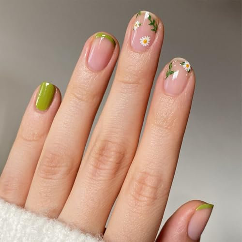 French False Nails Short - 24Pcs Pink Green French Tip Press On Nails Square with Flower Desgin, Cute Acrylic Full Cover Fake Nail Stick on Nails for Women Girls Valentines Nails Art