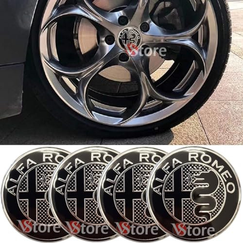 4 Tappi Adesivi Coprimozzo 50mm Compatibili con Alfa Romeo New Black 147 156 GT Giulia MY 2016 Mito Nero Cerchi Lega Ruota Coppette