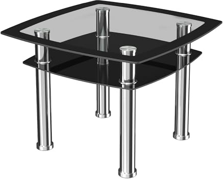 AVF Black Glass Side Table, 60x50x43cm, 2 Tier, Chrome Legs | two-tier side table for living rooms; tempered glass for lamp and storage use; chrome legs with clear window top